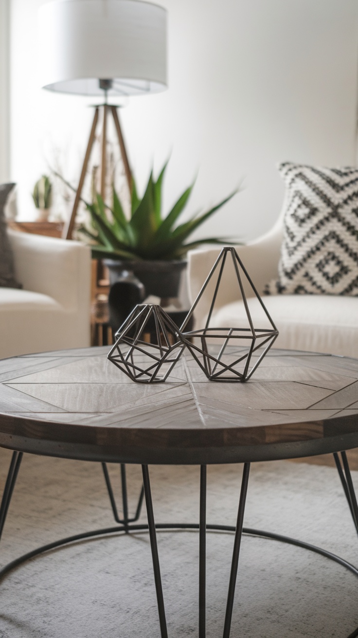 A modern industrial coffee table featuring a wooden top with black accents, a geometric centerpiece, and fresh flowers in a vase.