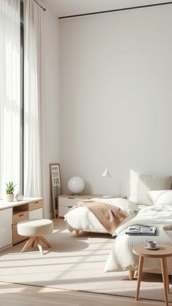 A modern minimalist bedroom with neutral tones, large windows, and stylish furniture.