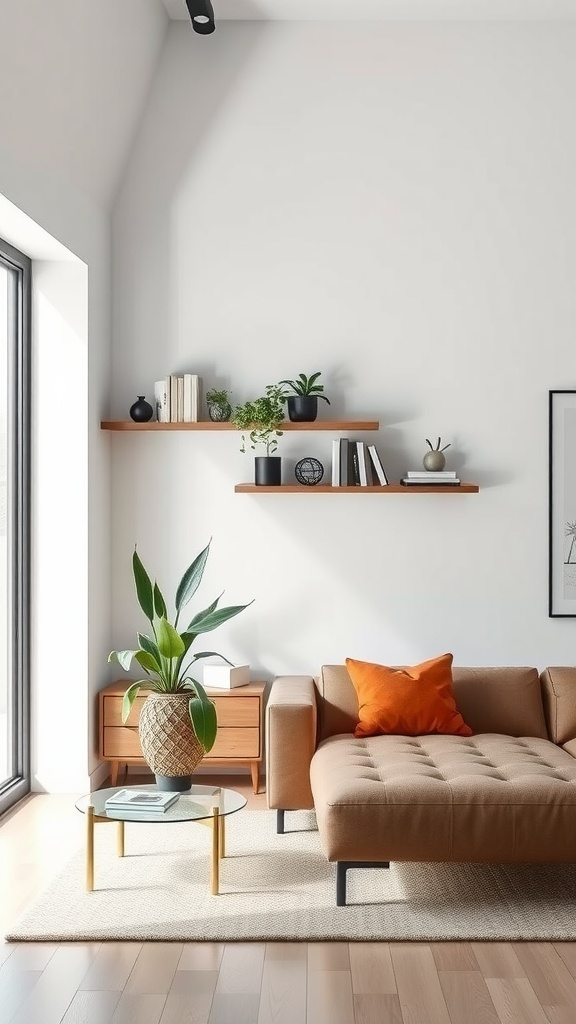 Cozy living room with modern minimalist built-in shelves, wooden accents, and green plants.