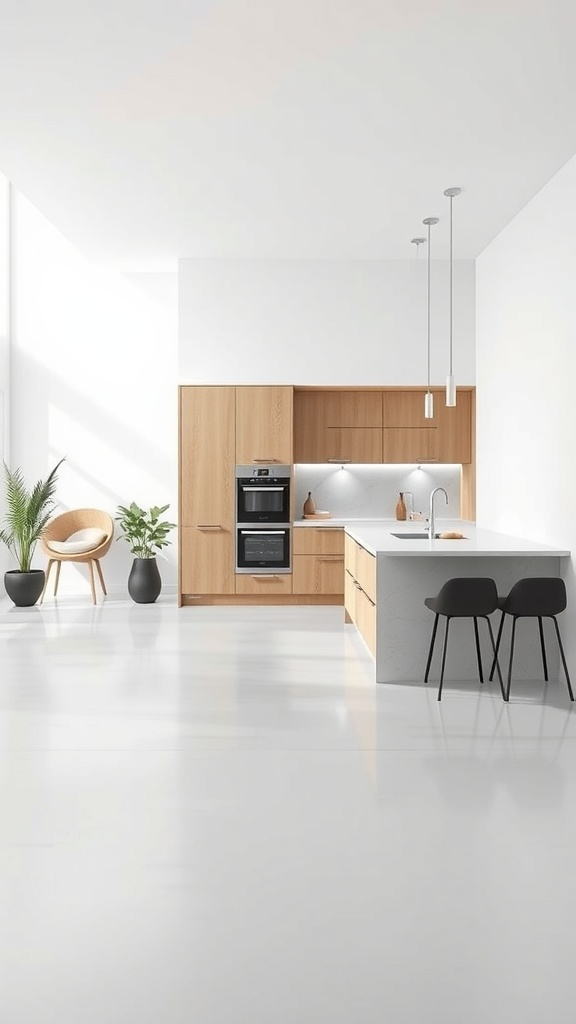 Modern minimalist open concept kitchen with light wood cabinets, white countertops, and black chairs
