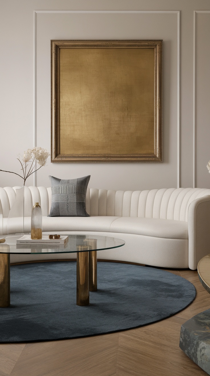 A modern minimalist living room featuring a beige couch, two chairs, and a coffee table, with a striking black and white artwork on the wall.