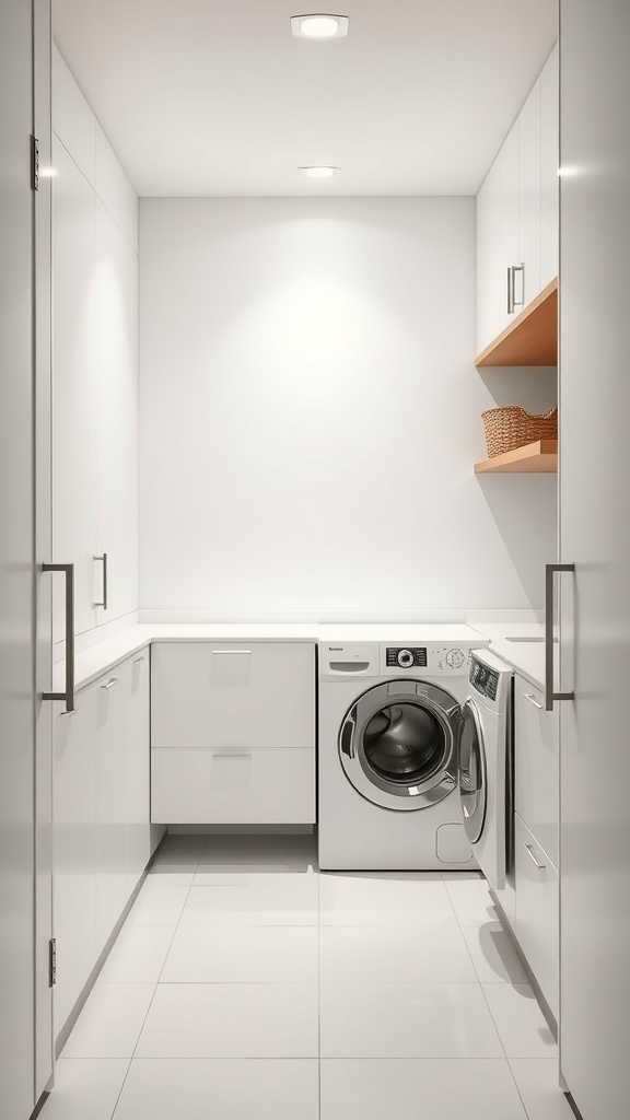 A modern minimalist utility room featuring white cabinets, a washing machine, and wooden shelves.