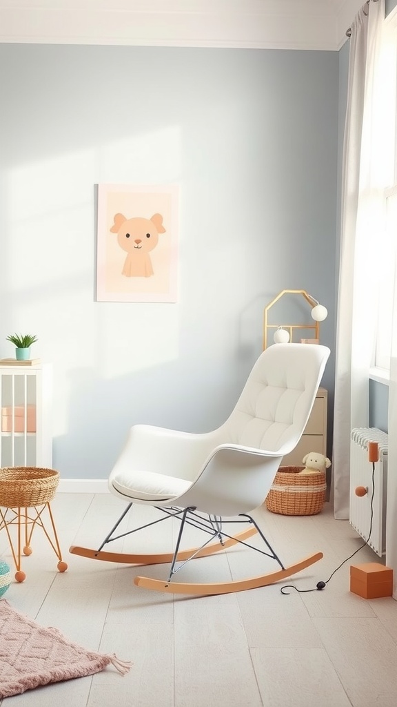 A modern rocking chair in a light, airy room with pastel walls and playful art.
