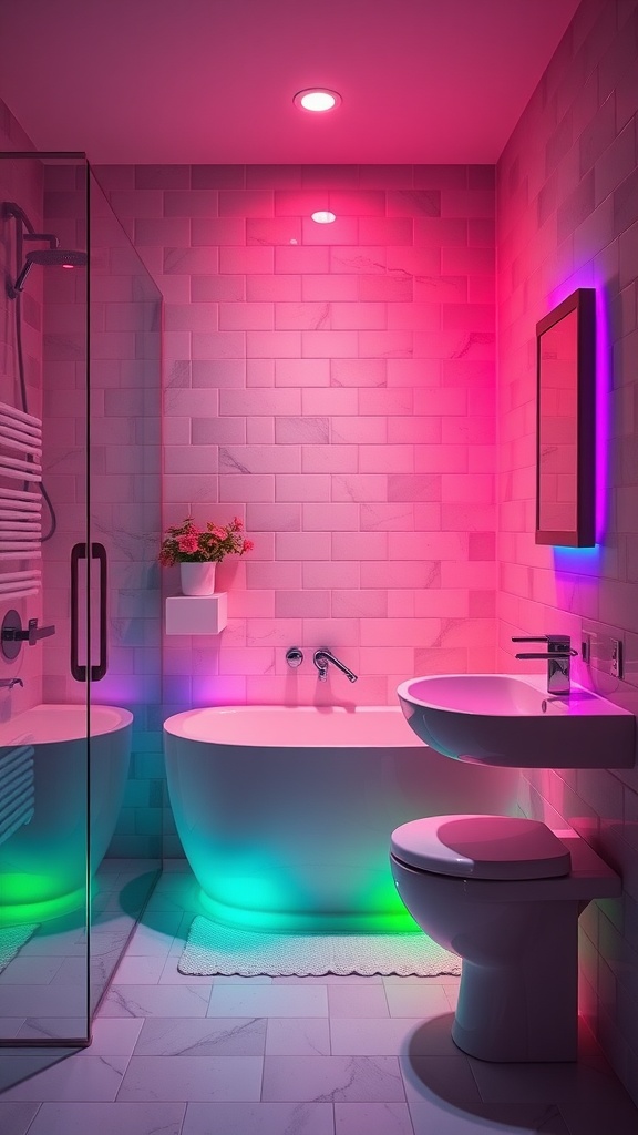A colorful bathroom with mood-enhancing lighting featuring a bathtub, shower, and modern fixtures.