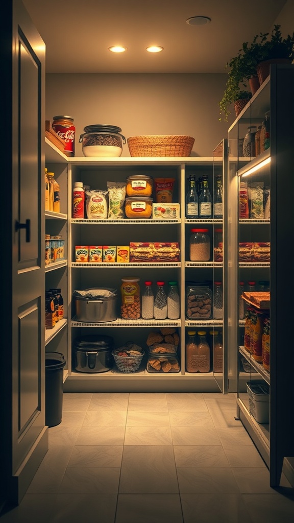 A well-organized pantry with warm lighting illuminating shelves of food items.