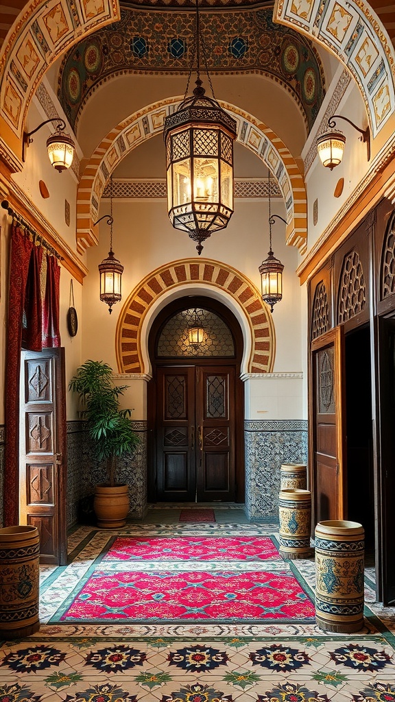 A beautifully designed Moroccan entryway featuring rich textiles, intricate tile patterns, and warm lantern lighting.