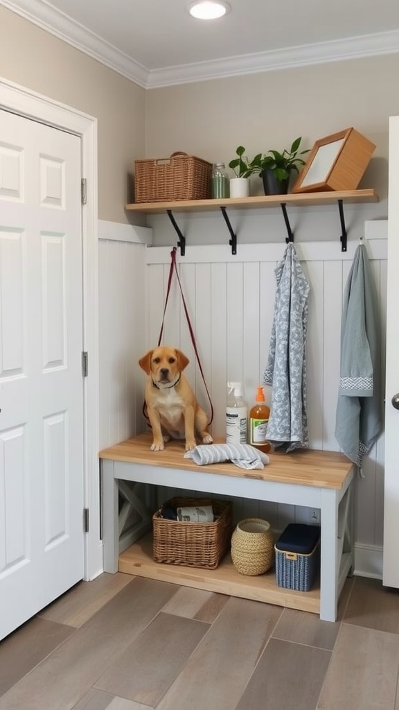 A dog sitting on a wooden bench in a mudroom with pet wash supplies and storage.