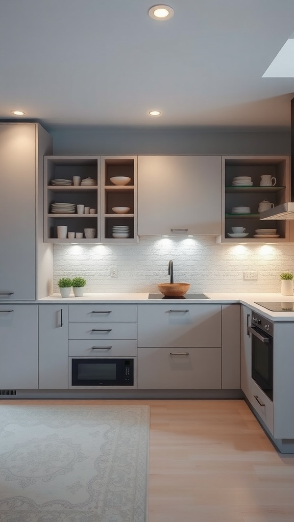 A modern kitchen with multi-functional cabinets, featuring a microwave and open shelves.
