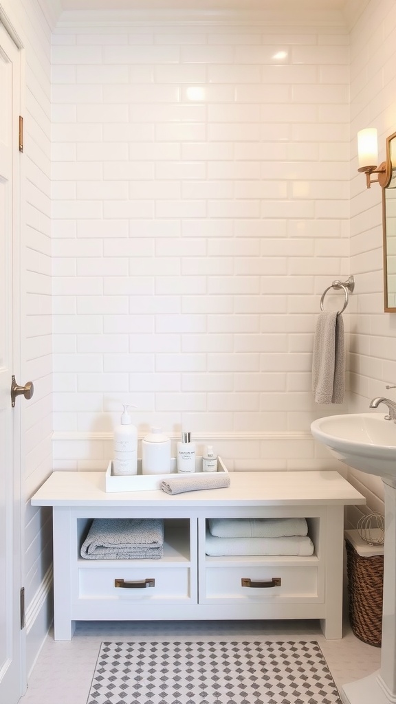 A small bathroom featuring a multi-functional storage bench with towels and toiletries organized on top.