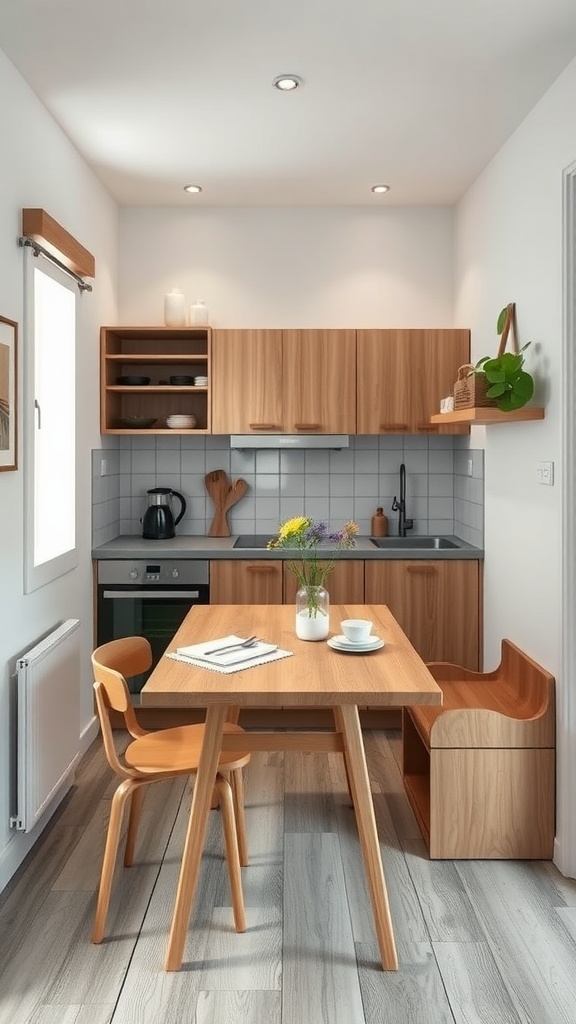 A compact kitchen featuring multi-functional furniture, including a wooden table, chairs, and corner seating with storage.