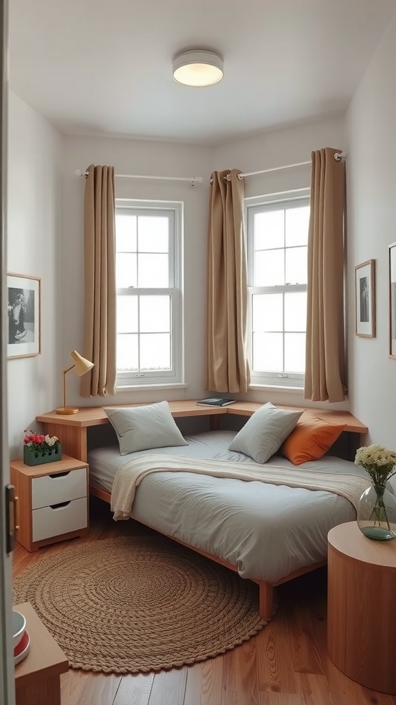 A small bedroom featuring a bed with integrated shelving, a multi-functional nightstand, and a cozy round rug.