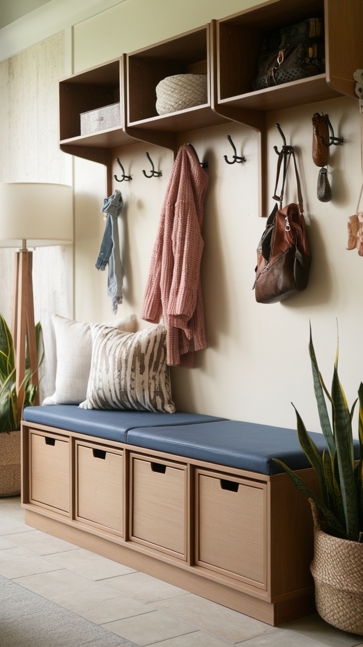 A stylish multi-functional storage bench in an entryway with pillows and baskets.