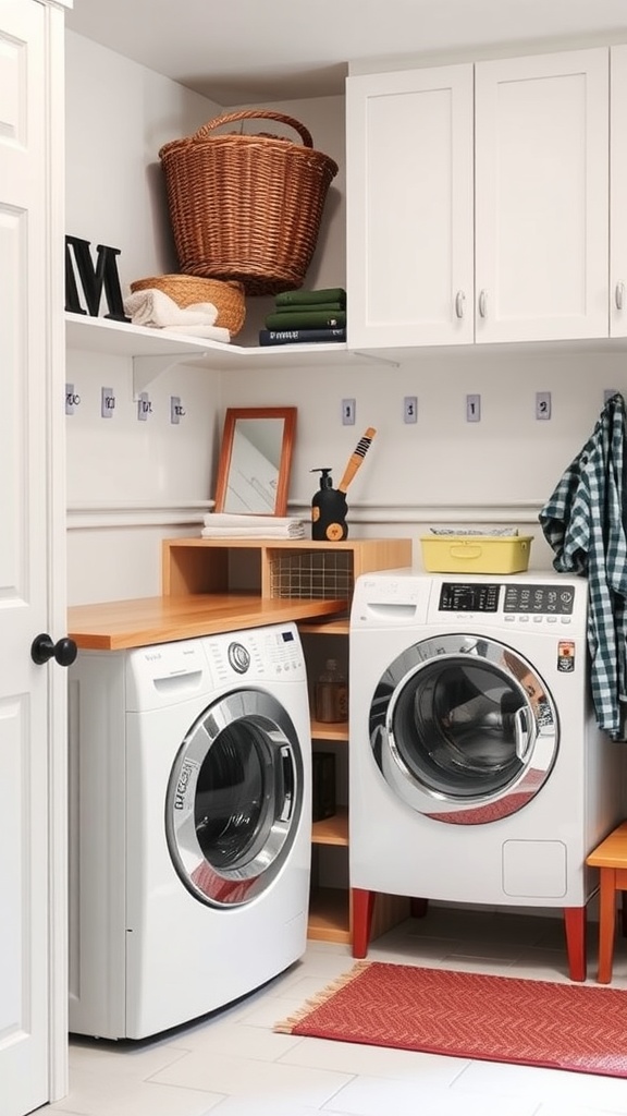 Stylish mudroom with laundry facilities featuring washing machines, storage, and hooks.