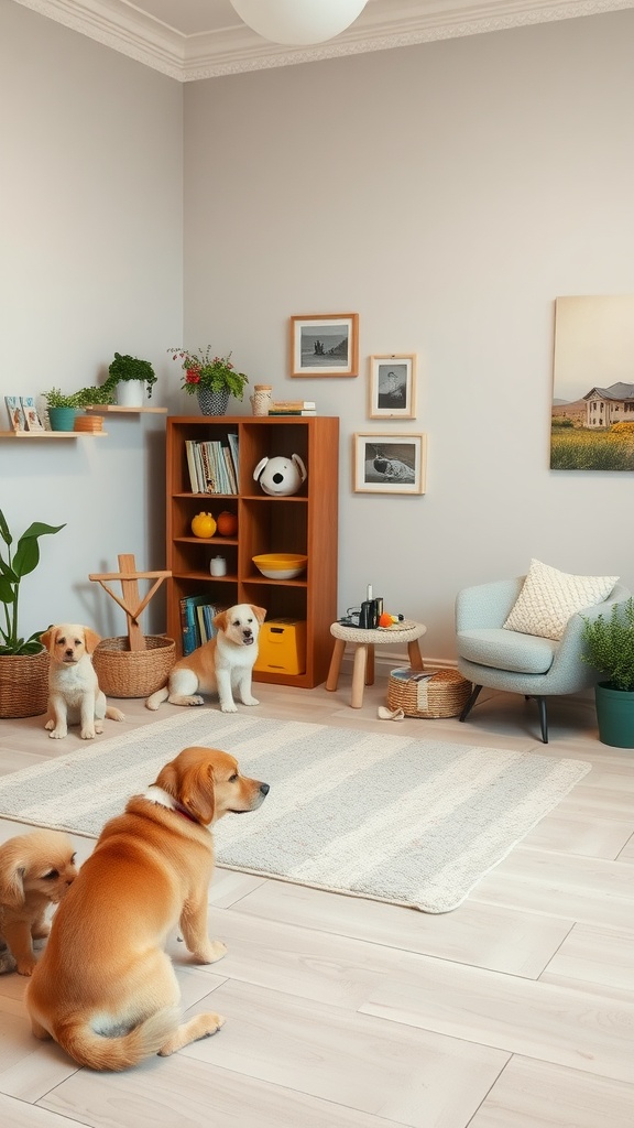 A cozy multi-purpose room featuring playful puppies, soft rugs, and inviting furniture.