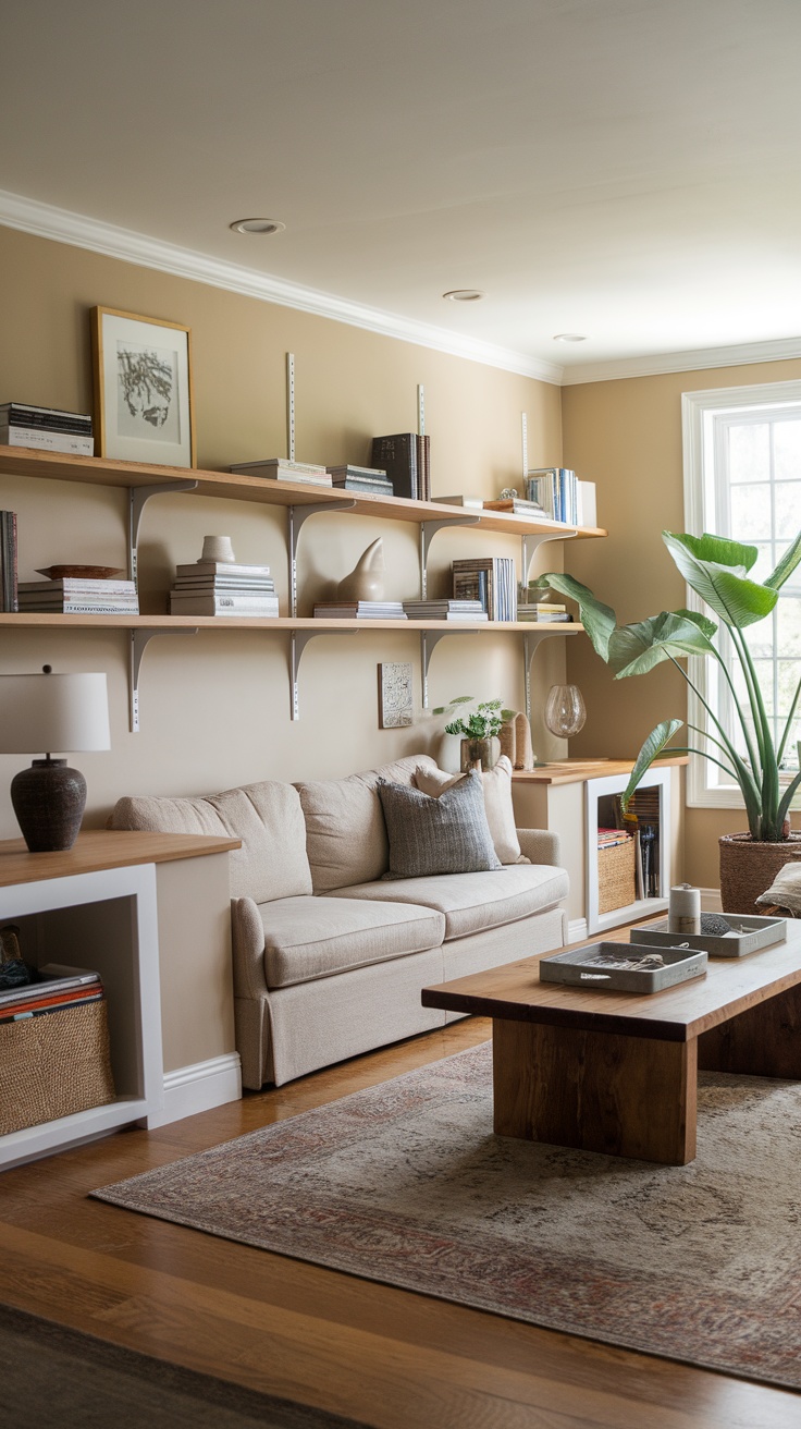 A modern living room with built-in shelves displaying decorative items, a TV, and a child exploring the space.