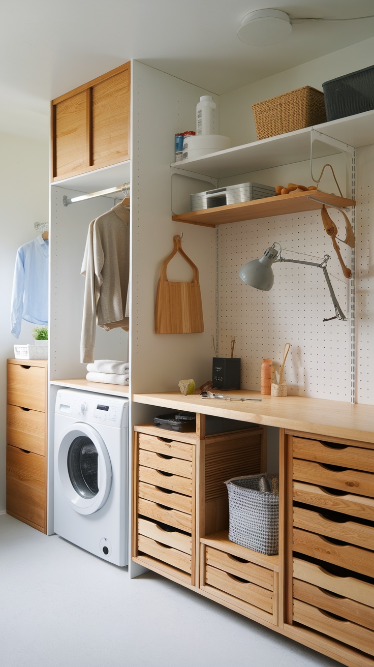 A modern utility room with white cabinetry, a countertop, stacked towels, and a plant, featuring a washer and dryer side by side.