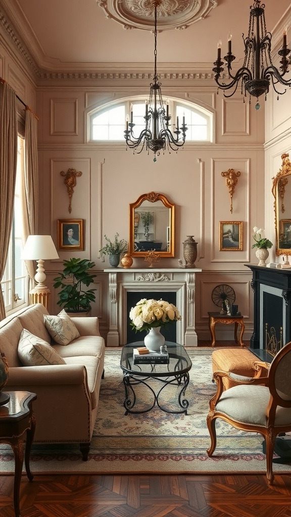 A Victorian living room with muted pink walls, golden accents, elegant furniture, and a chandelier.