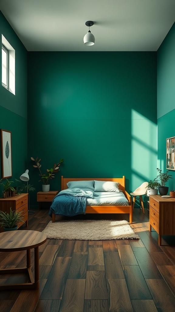A cozy bedroom with dark green walls, wooden furniture, and natural light.