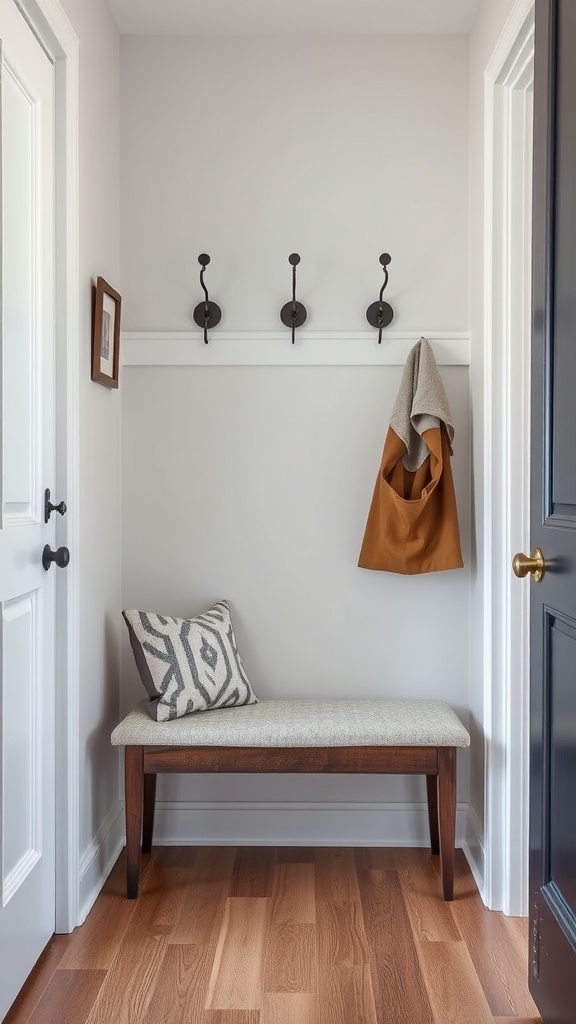 A narrow entryway bench with a patterned pillow, wooden legs, and hooks on the wall with a coat.