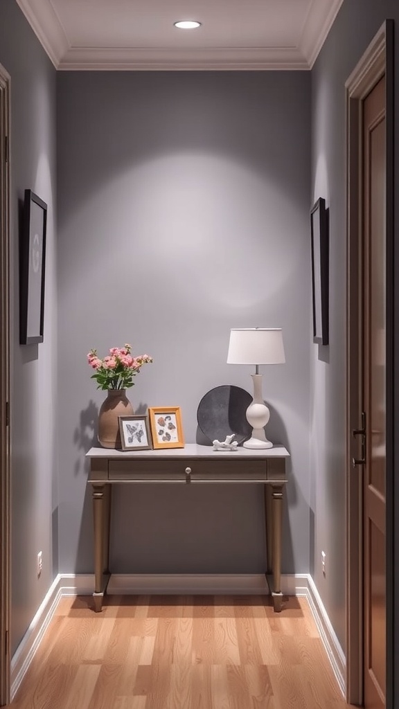 Narrow console table in a hallway with flowers, pictures, and a lamp.
