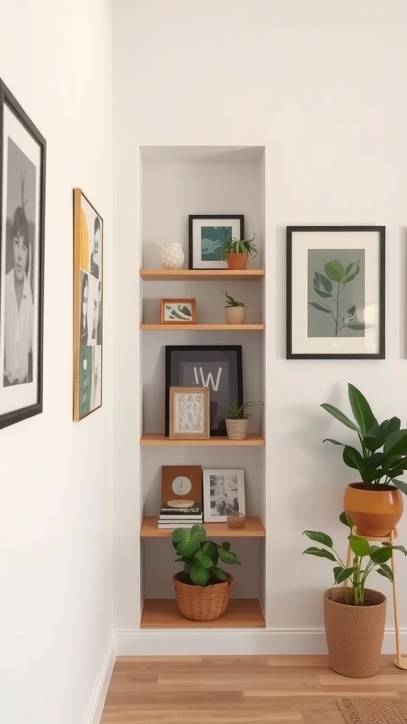 Narrow wall shelves with plants and framed pictures in a small space