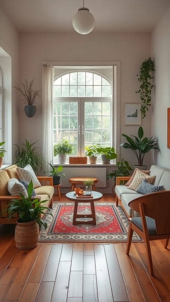 A boho-inspired living room featuring large windows, plants, wooden furniture, and a colorful rug.