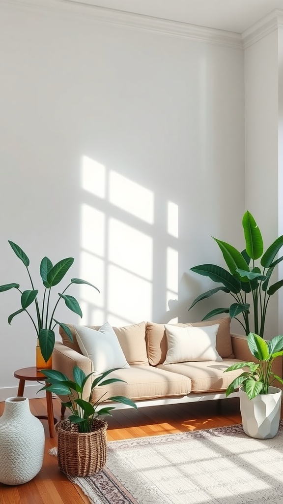 A minimalist living room featuring a light sofa, indoor plants, and ample sunlight.