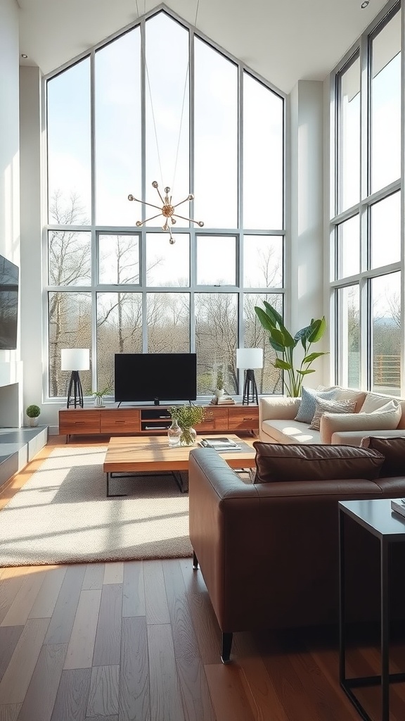 A contemporary living room with large windows allowing natural light, featuring a leather couch, wooden furniture, and plants.