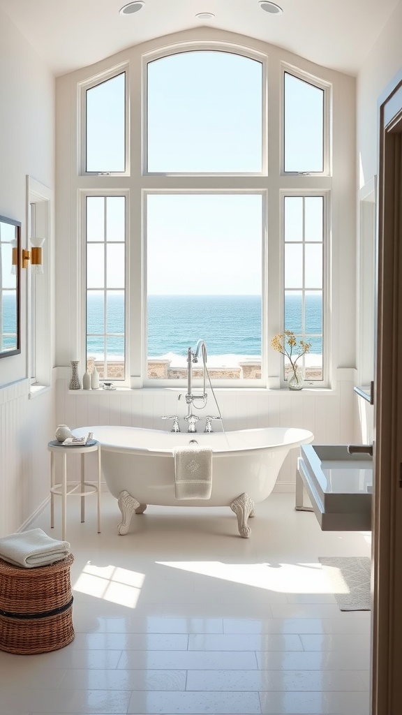 A bright bathroom with large windows showcasing a view of the ocean and a freestanding bathtub.