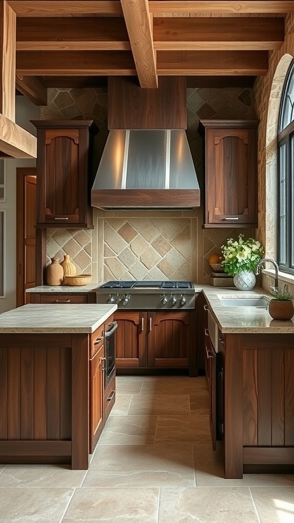 A rustic kitchen featuring natural stone countertops, wooden cabinets, and a warm color palette.