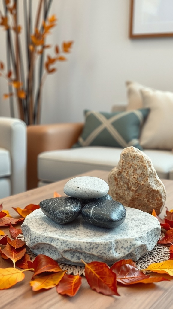 A decorative arrangement of natural stones on a circular stone base, surrounded by autumn leaves.