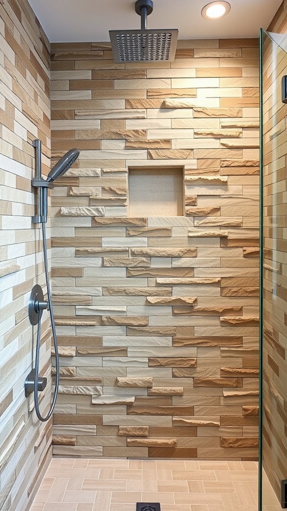 Shower with natural stone wall finish, featuring various beige and brown stones, modern fixtures, and a glass door.