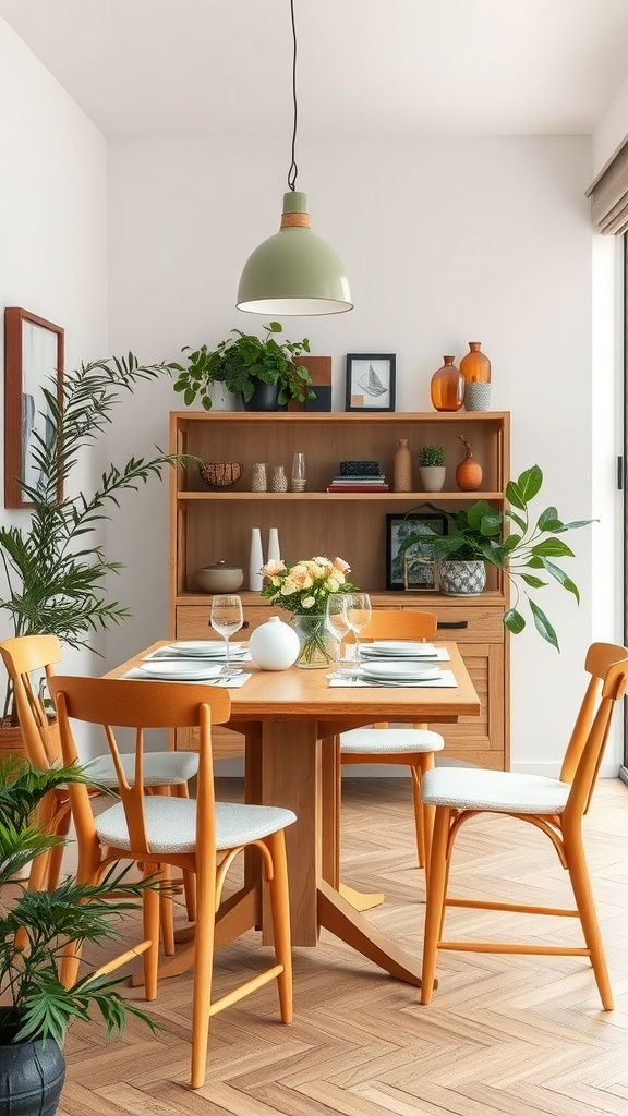 Cozy dining area with natural wood furniture and plants