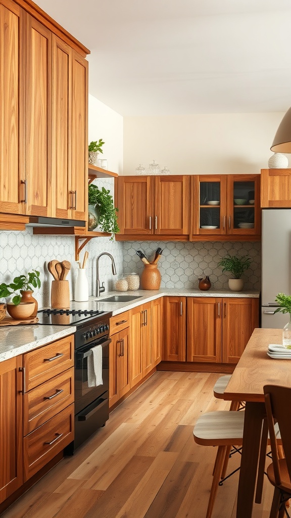 A modern kitchen with natural wood cabinets and light countertops