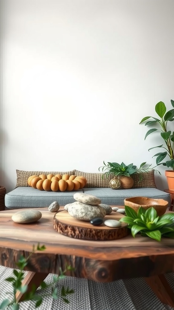 A nature-inspired coffee table with wooden elements, plants, and stones