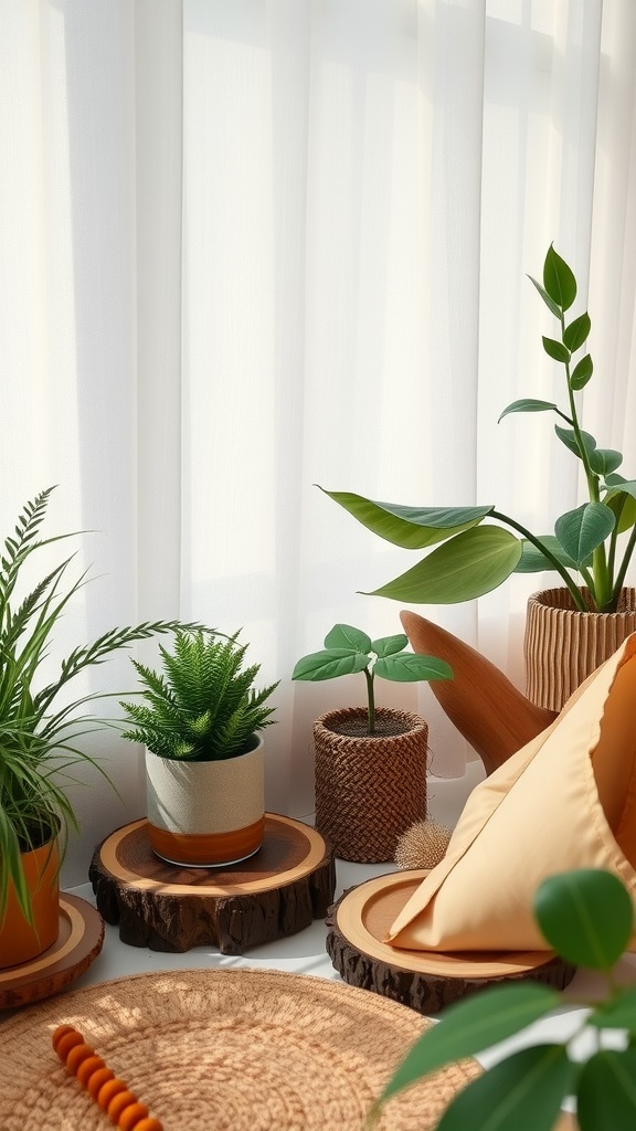A cozy corner featuring various potted plants, wooden trays, and soft pillows, all with natural textures and colors.