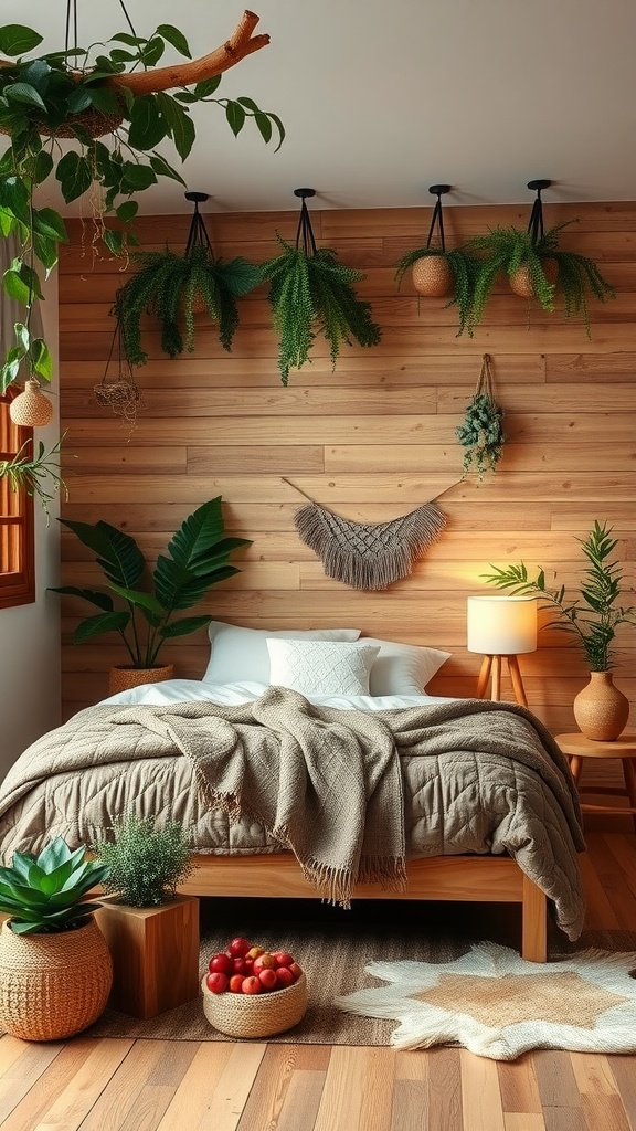 A cozy bedroom with wooden walls, plants, and soft bedding.
