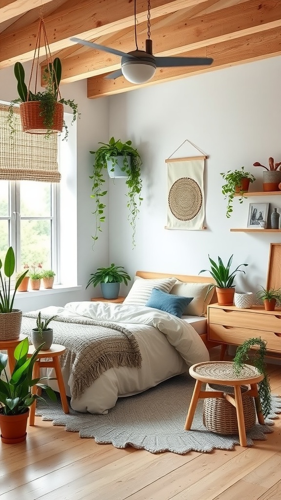 A cozy Scandinavian bedroom featuring plants, wooden beams, and natural decor.