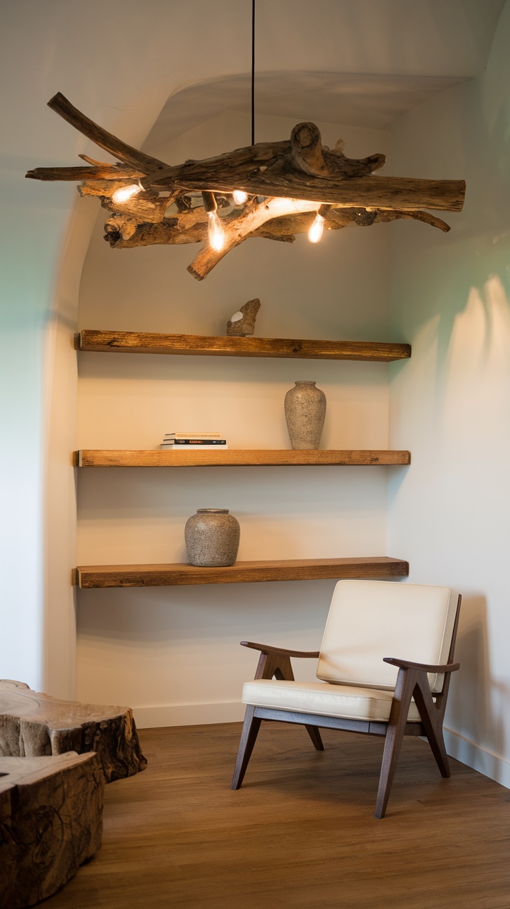 A nature-inspired lighting fixture resembling a wooden slice, with twigs and a glowing light bulb, hanging in a cozy living room.