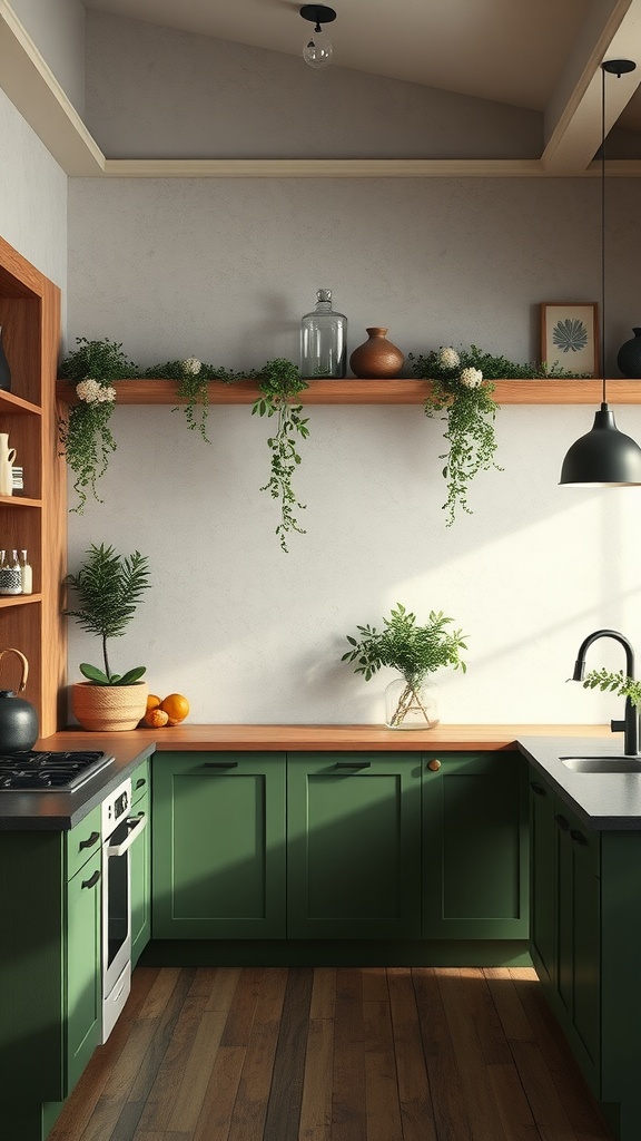 A nature-inspired kitchen with green cabinets and wooden shelves adorned with plants and decorative items.