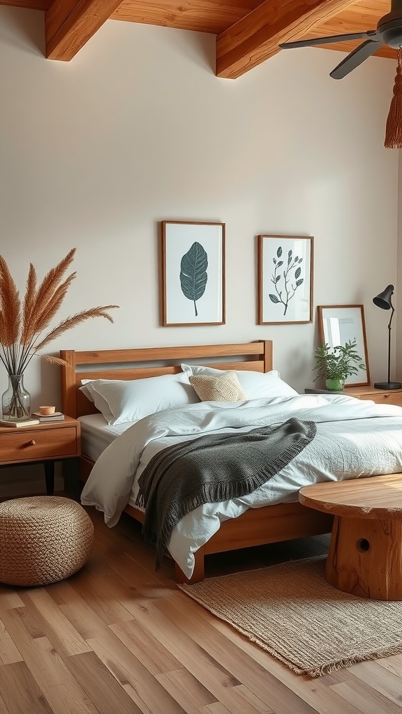Nature-inspired bedroom with wooden furniture and plant-themed decor
