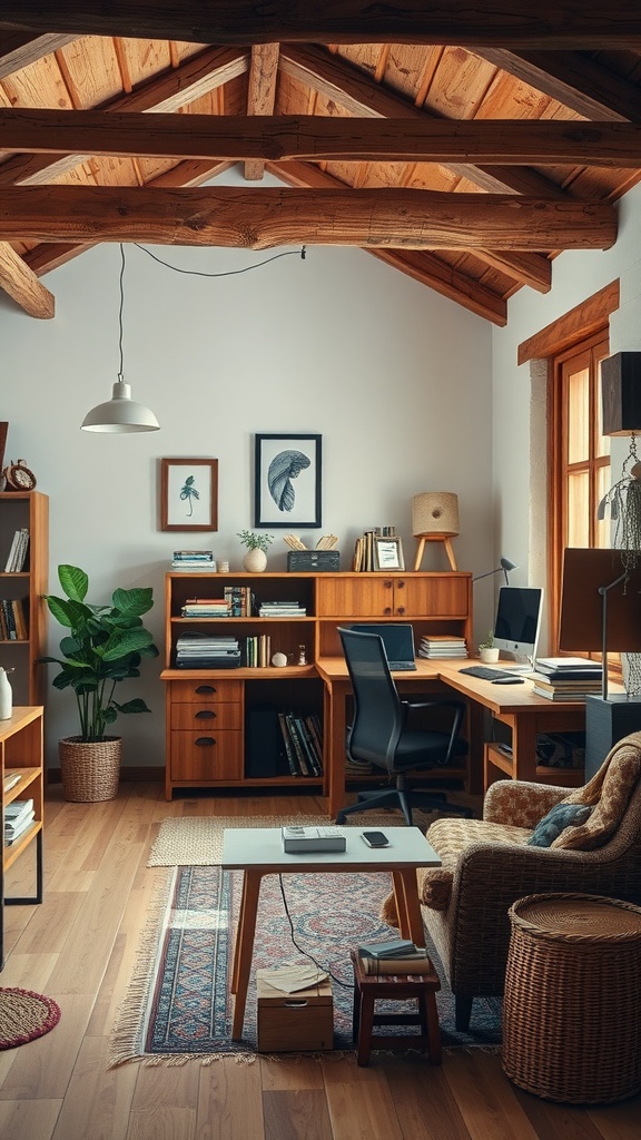 A rustic home office with wooden beams, comfortable seating, and natural decor.