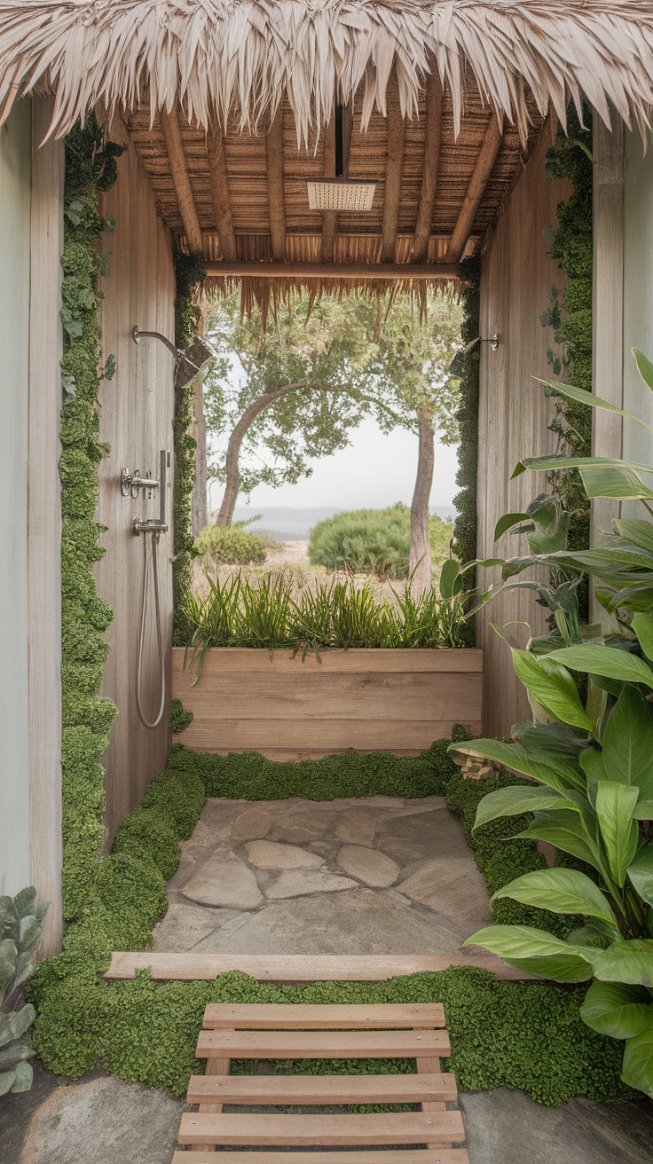 Nature-inspired shower design with gray tiles, plants, and modern fixtures.