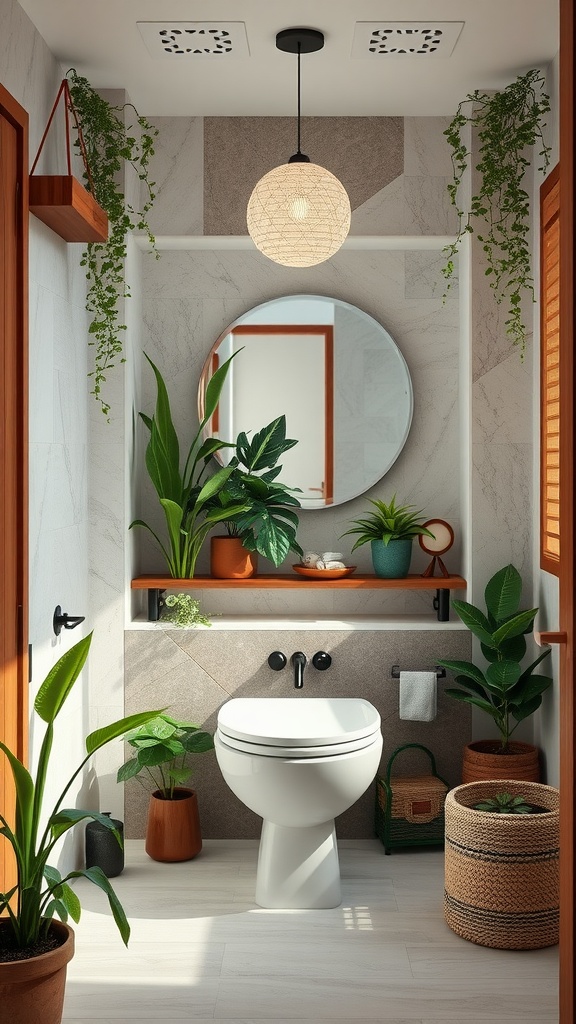 A modern bathroom decorated with plants, featuring a round mirror and warm wooden accents.