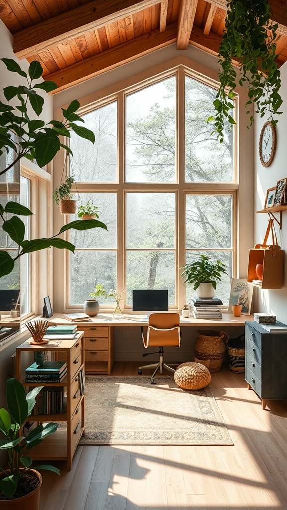 Bright home office with large windows, plants, and wooden furniture