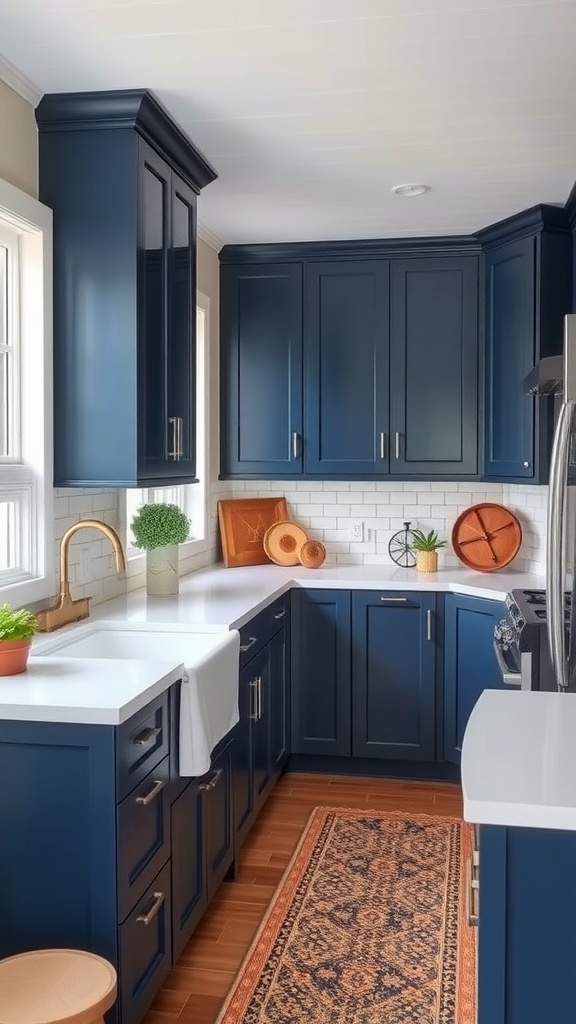 A navy and white coastal kitchen with modern cabinetry, white countertops, and decorative elements.