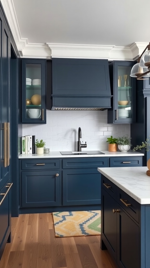 A modern kitchen featuring navy blue cabinets, white countertops, and warm wood flooring.