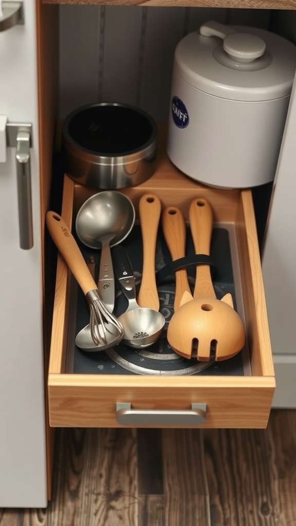 A drawer filled with neatly arranged nesting kitchen tools, including wooden utensils and measuring cups.