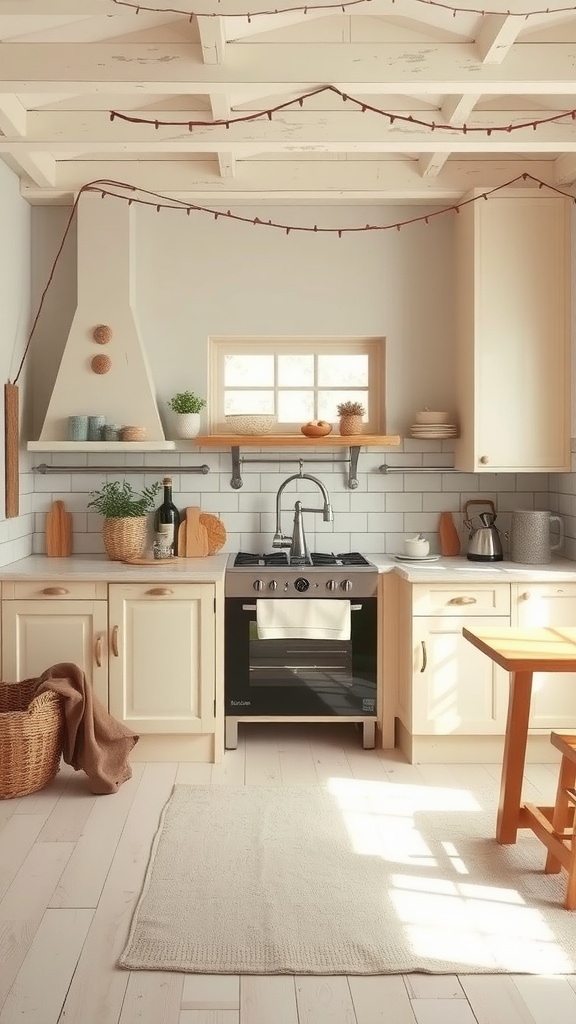 A rustic kitchen decorated in a neutral color palette, featuring cream cabinets, a stove, and natural elements like plants and woven baskets.