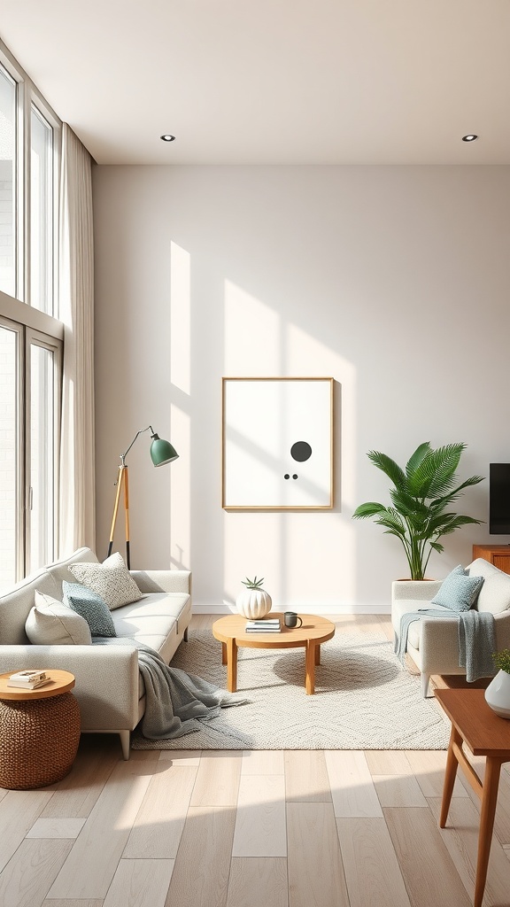 Minimalist living room with neutral colors, large windows, green plants, and simple furniture.